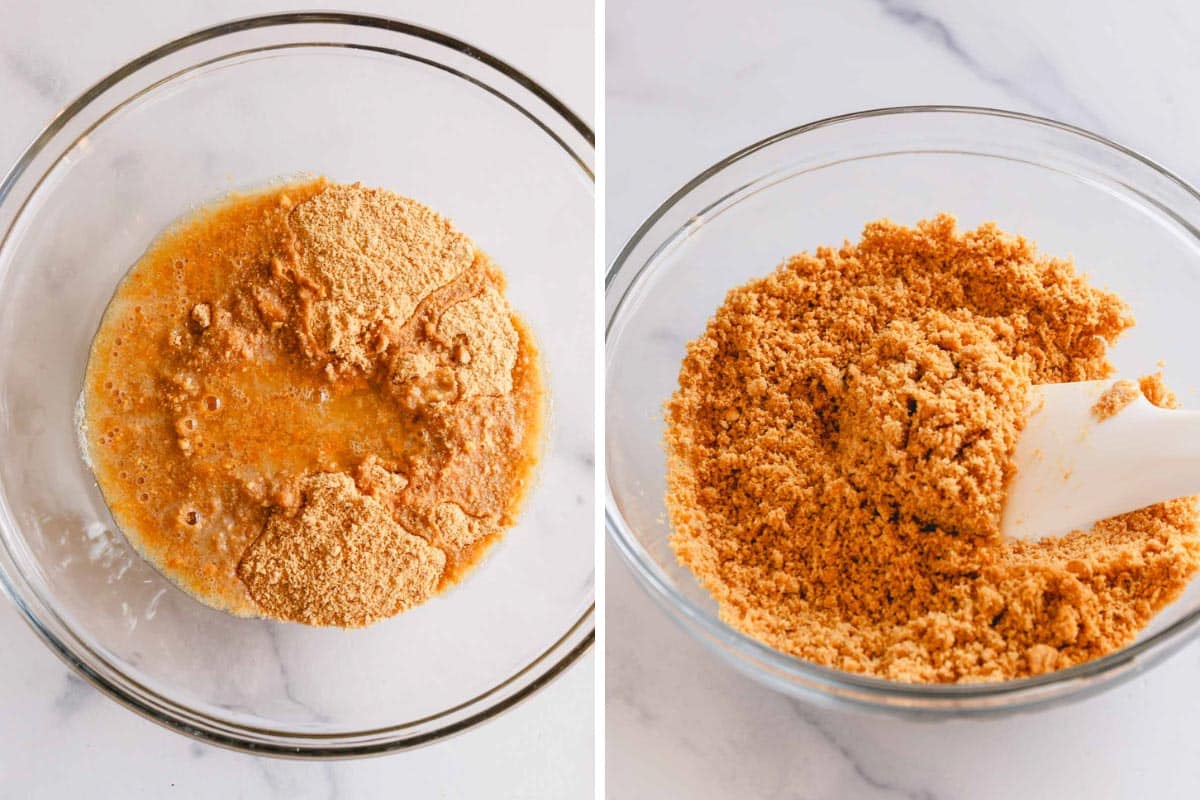 Two images showing the process of mixing butter and graham cracker crumbs to create a crust.