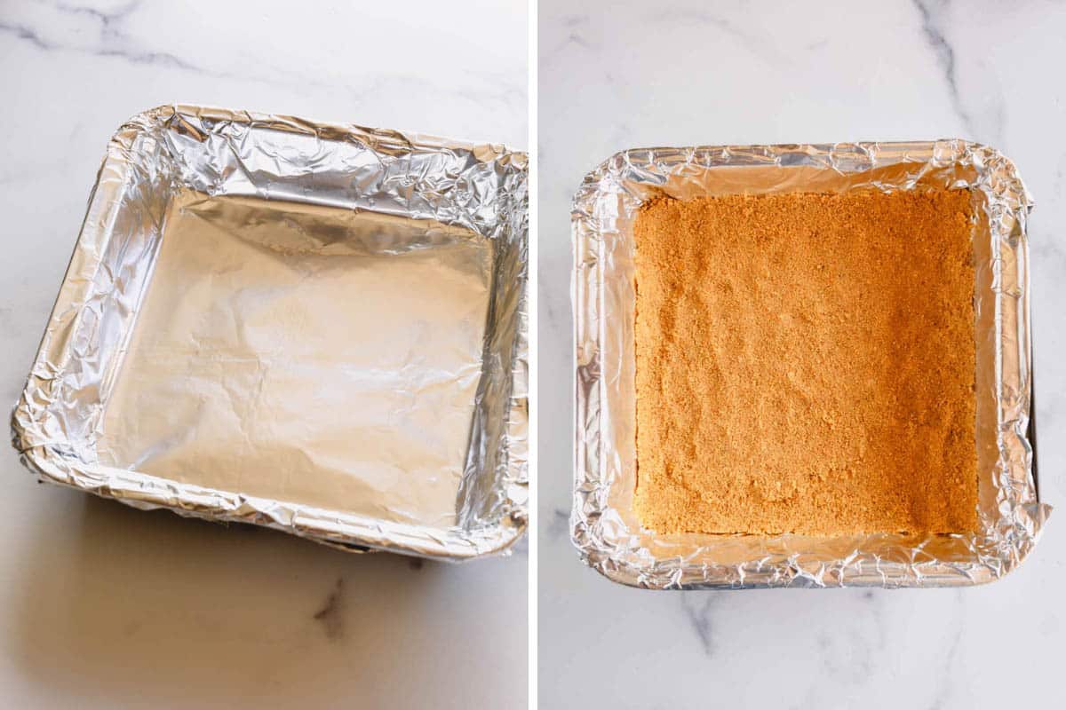 Two images showing a graham cracker crumb crust being formed in a baking dish.