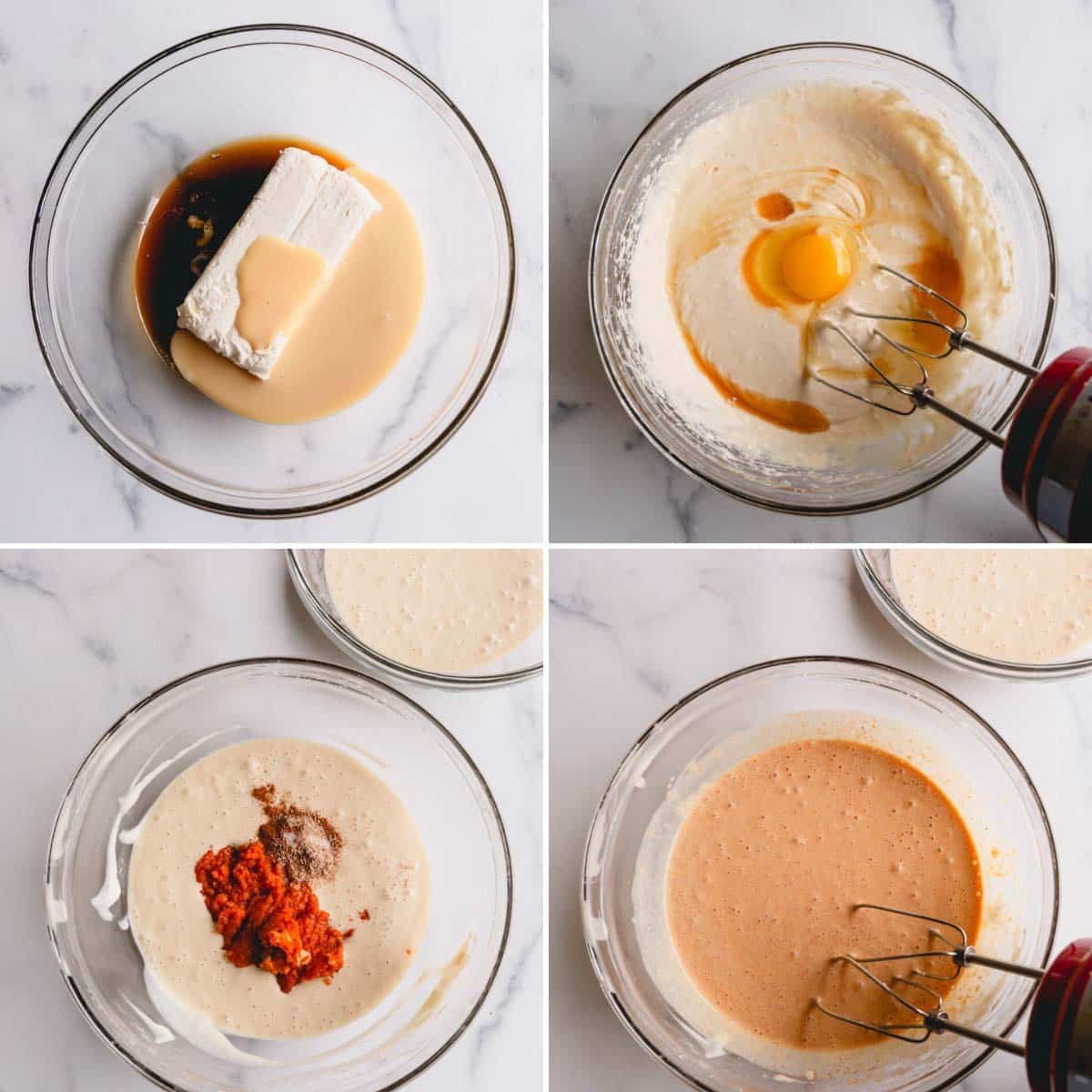 Four images showing the process of combining wet ingredients for pumpkin cheesecake bars.