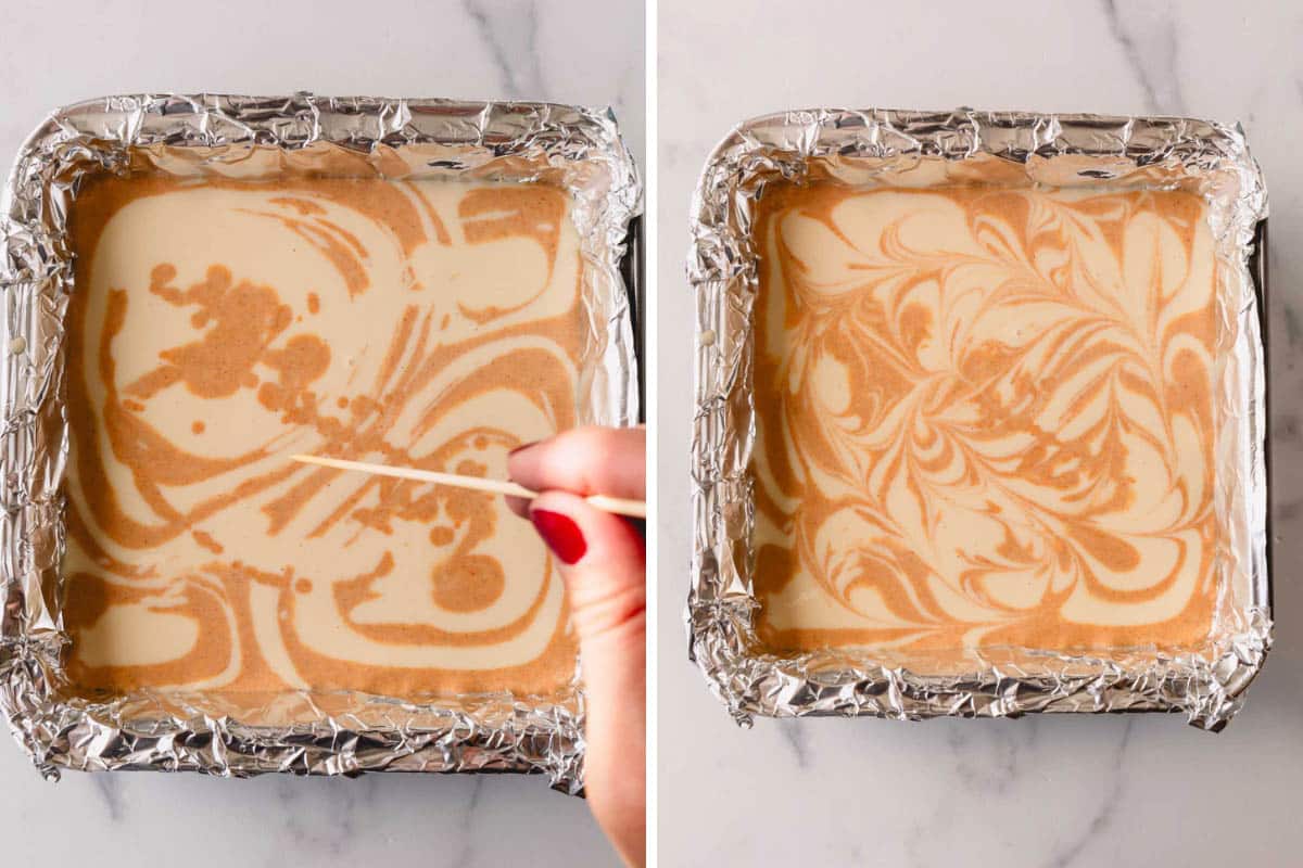 Two images showing pumpkin cheesecake batter being swirled.