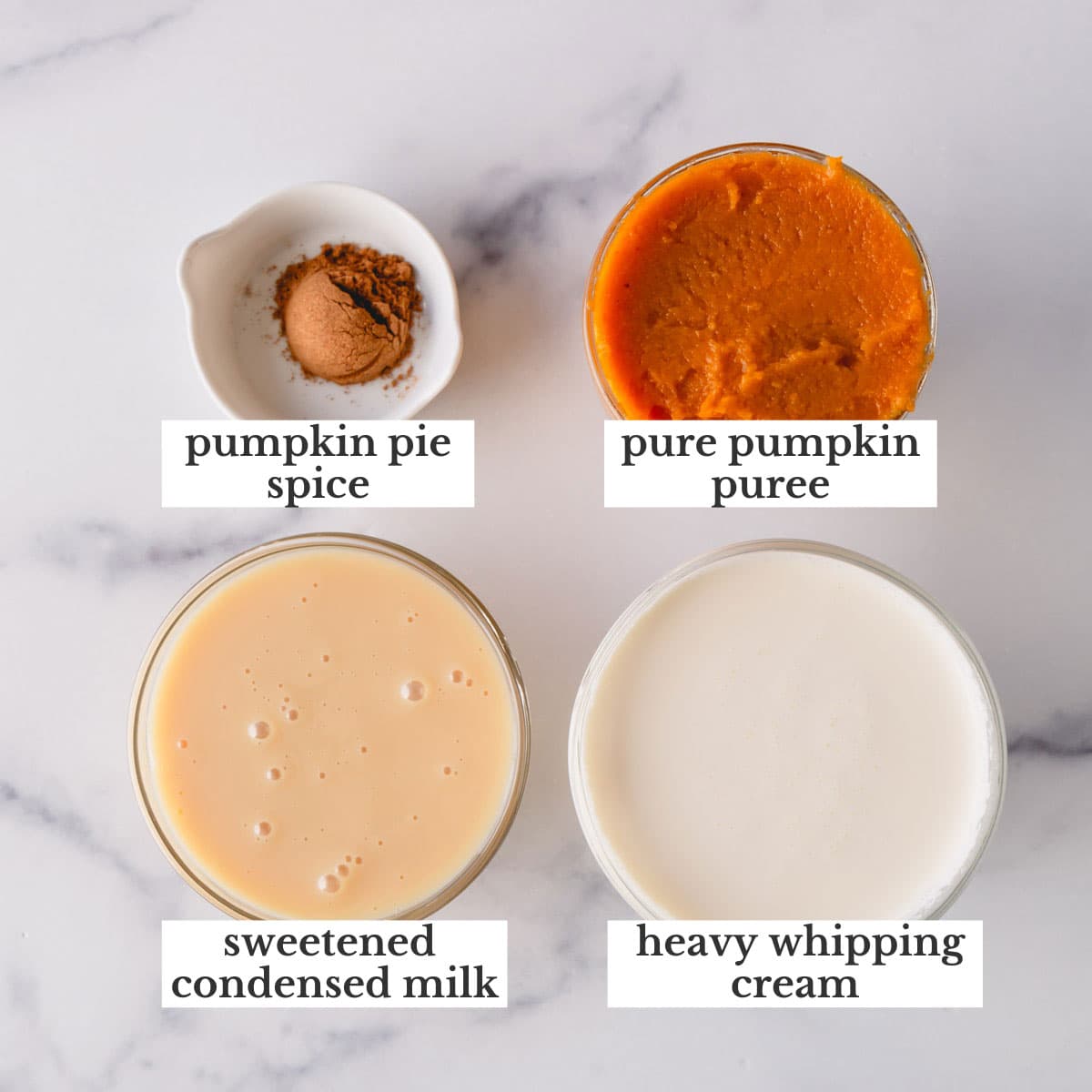 Pumpkin pie spice, pumpkin puree, sweetened condensed milk, and heavy whipping cream.