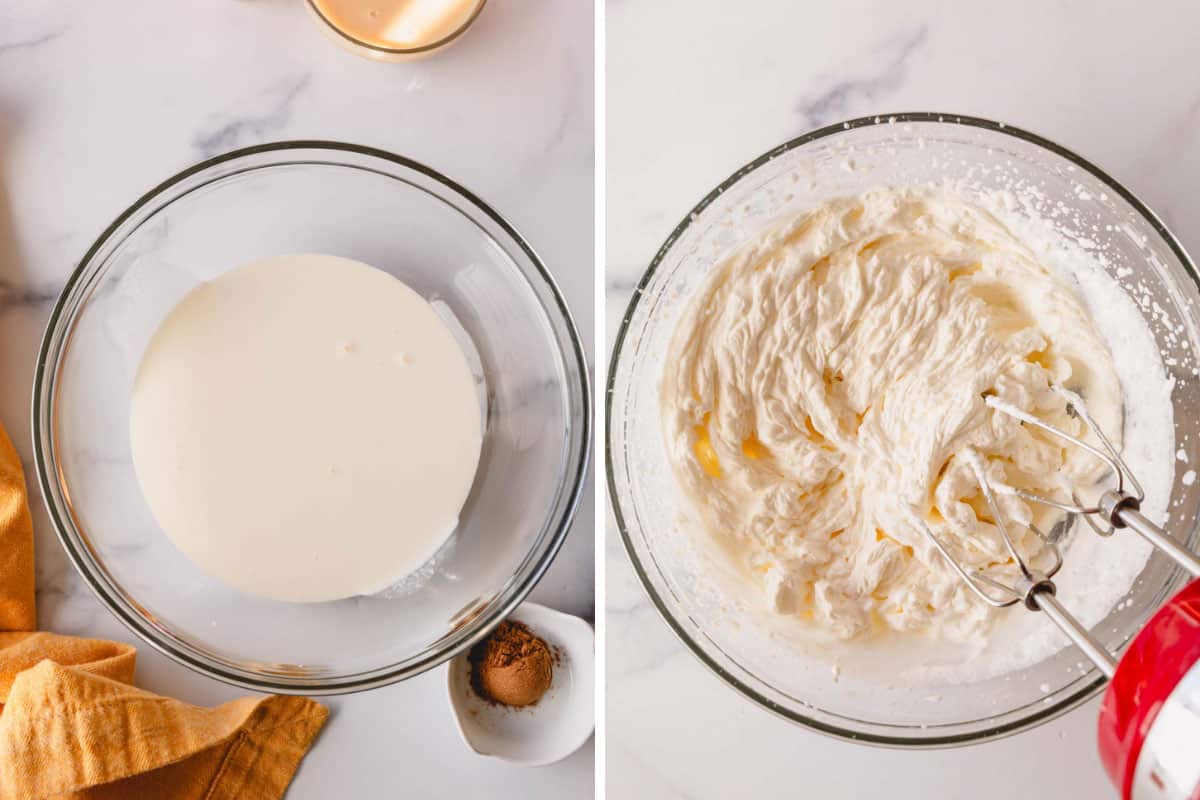 Two images showing the process of whipping cream for pumpkin mousse.