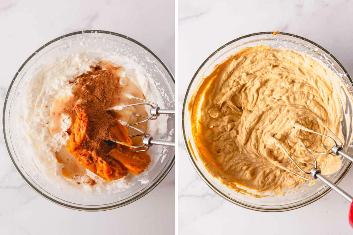 Two images showing spices and pumpkin being added to whipped cream to make pumpkin mousse.