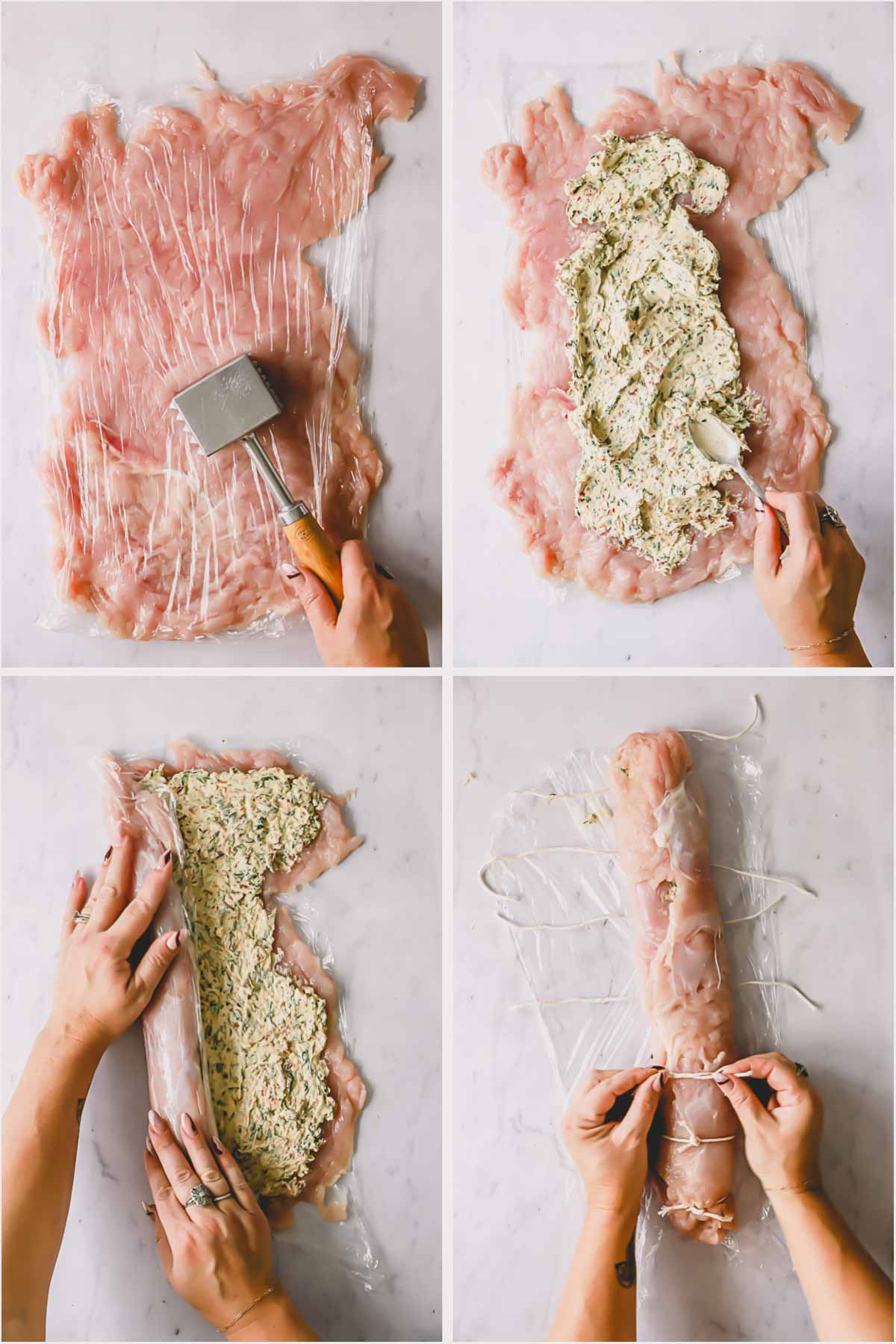 Four images showing the process of stuffing and rolling turkey.