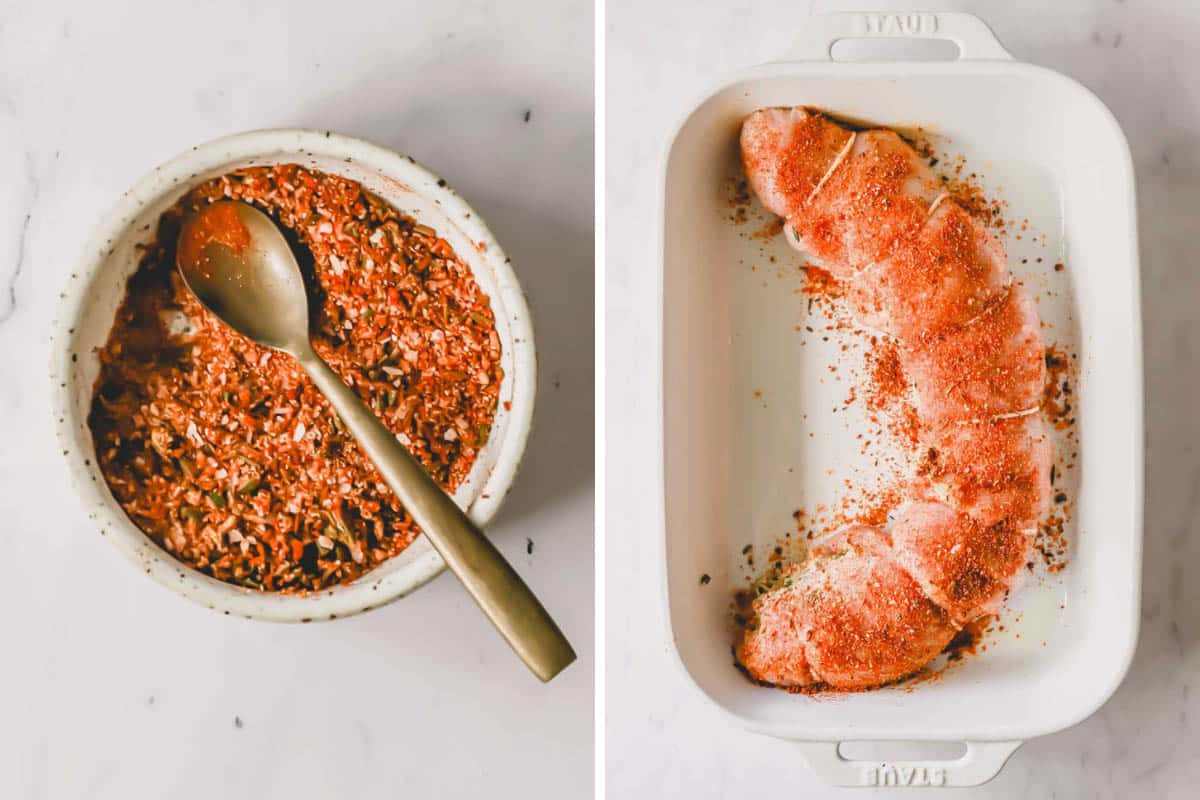 Two images showing a rolled, stuffed turkey breast being seasoned in a baking dish.