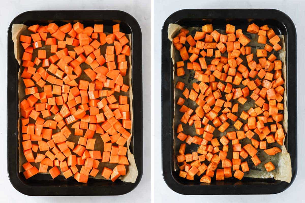 Two images showing the process of roasting sweet potatoes.