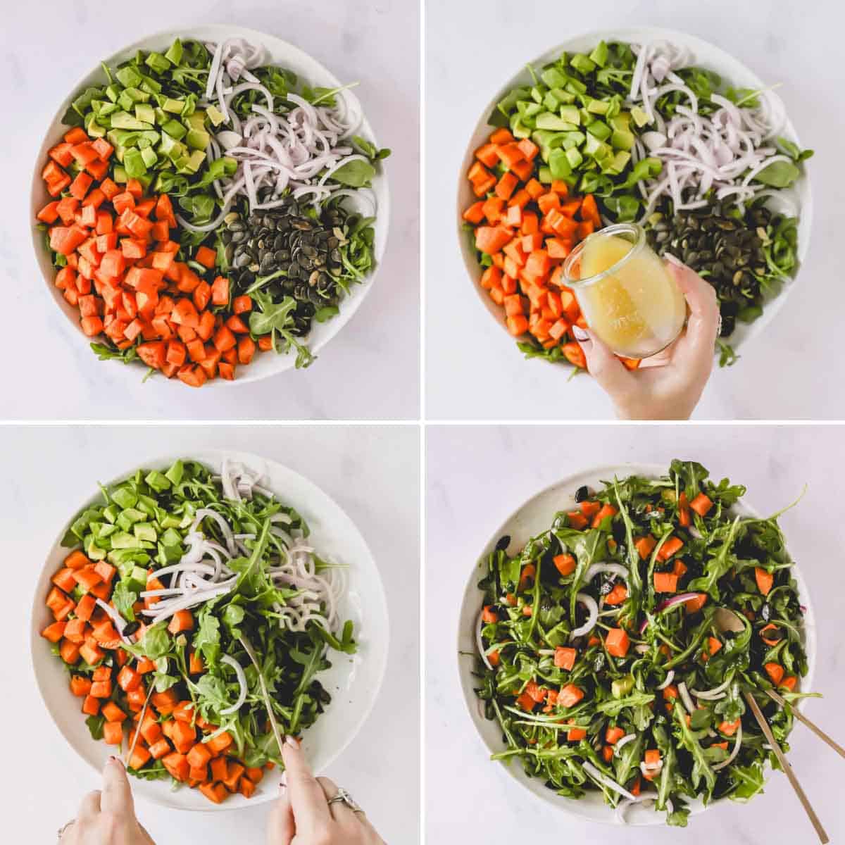 Four images showing the process of dressing a sweet potato salad.