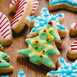 Iced Christmas sugar cookies in the shape of candy canes, Christmas trees, and snowflakes.