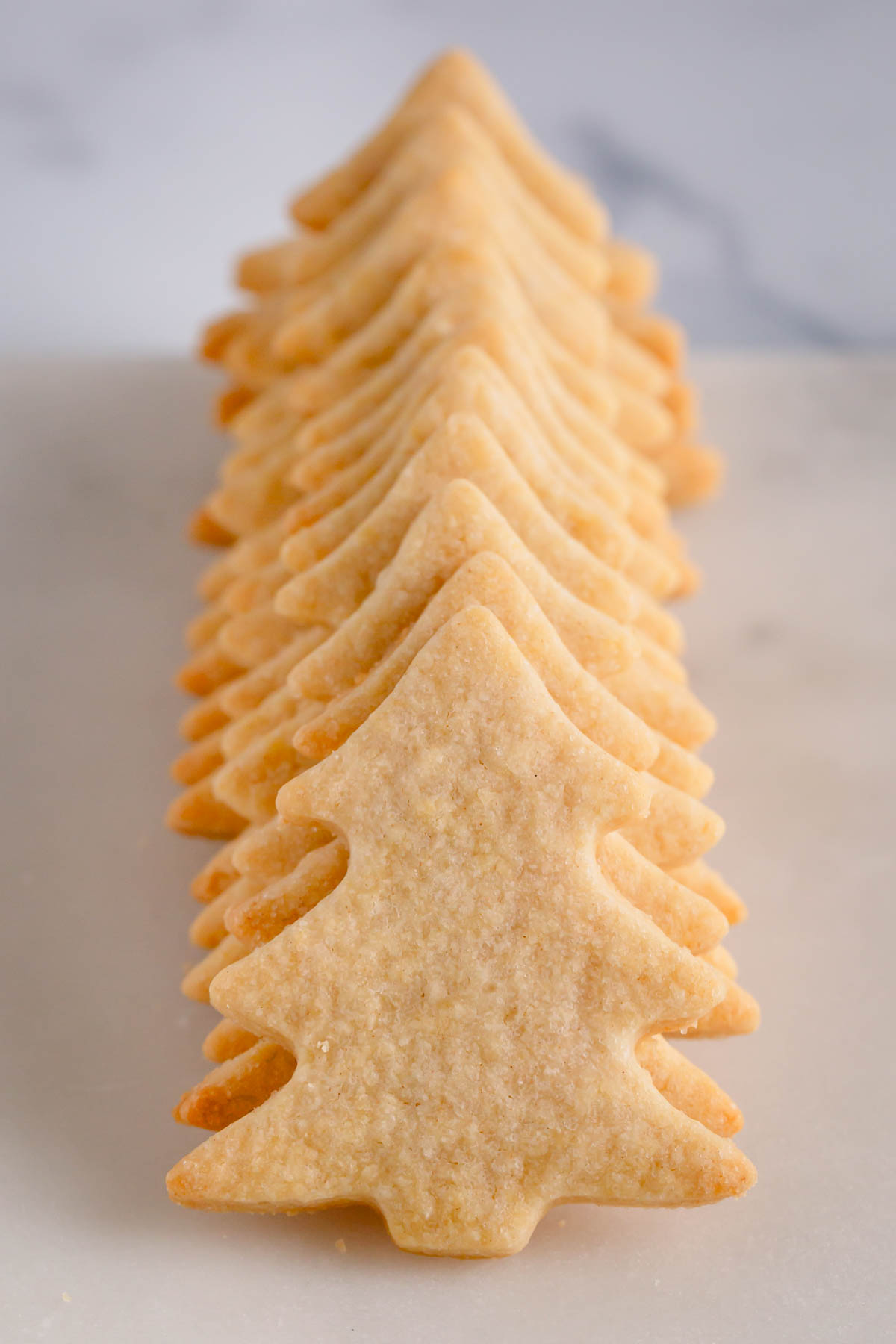 A stack of baked sugar cookies in the shape of Christmas trees.
