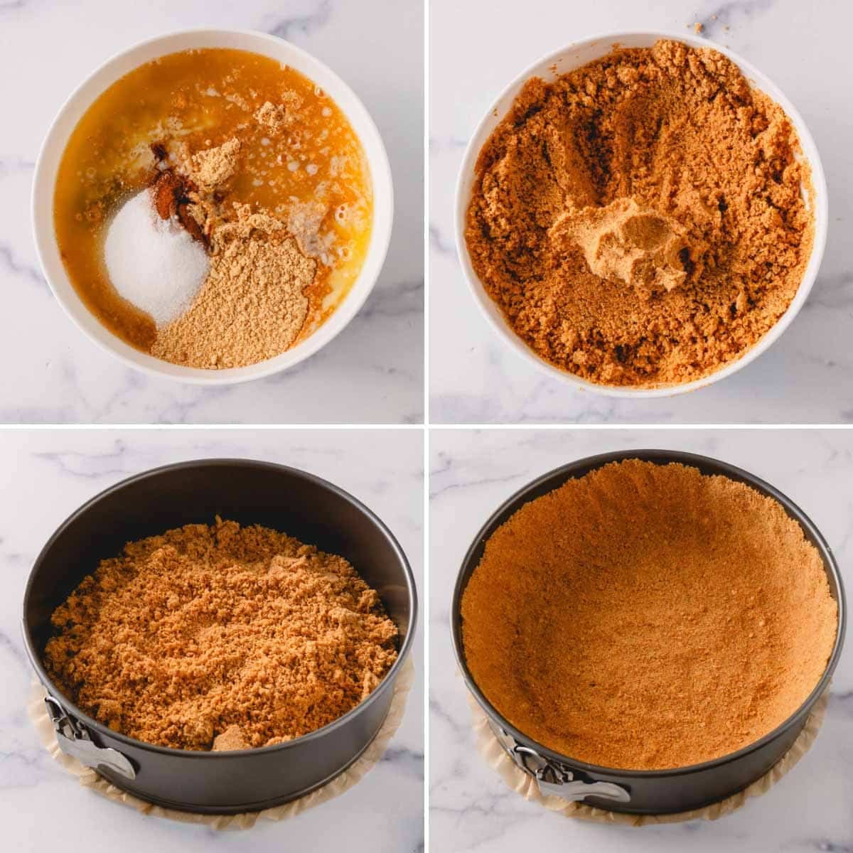 The process of creating graham cracker crust and shaping it in a springform pan.