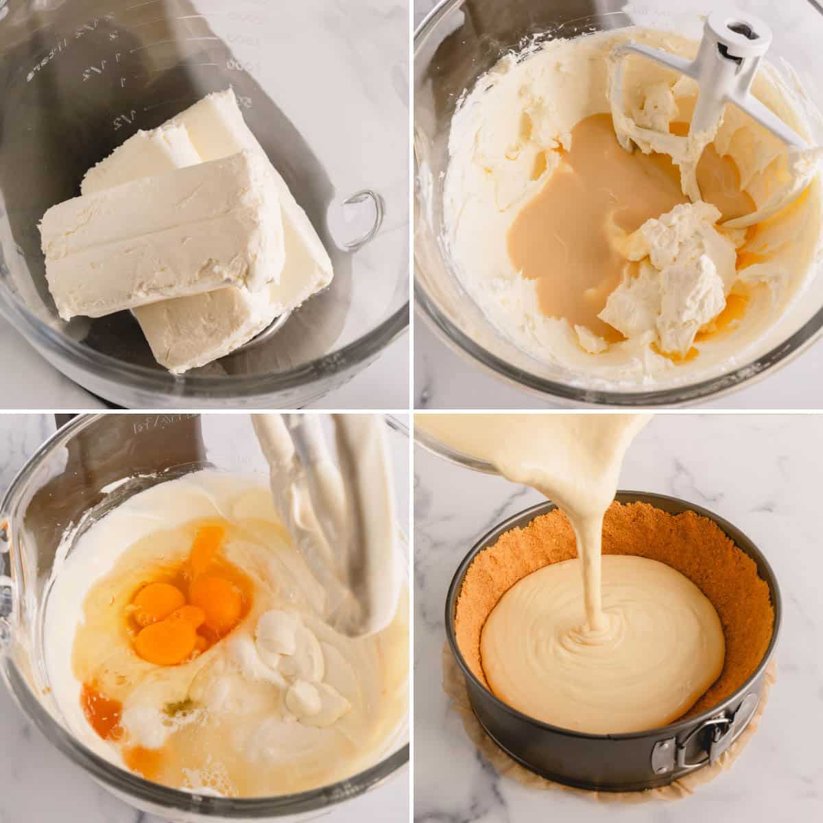 The process of making cheesecake filling and pouring it into a graham cracker crust.