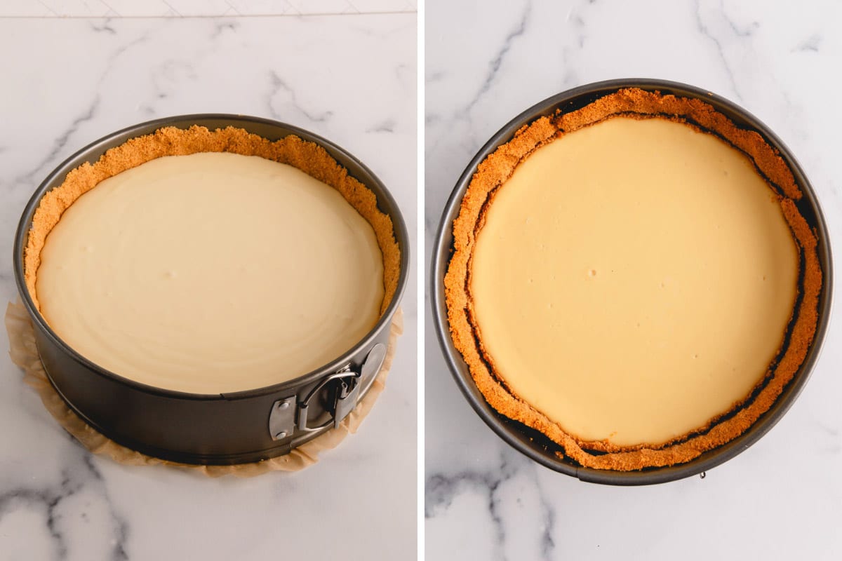 Cheesecake filling setting in a springform pan on top of graham cracker crust.