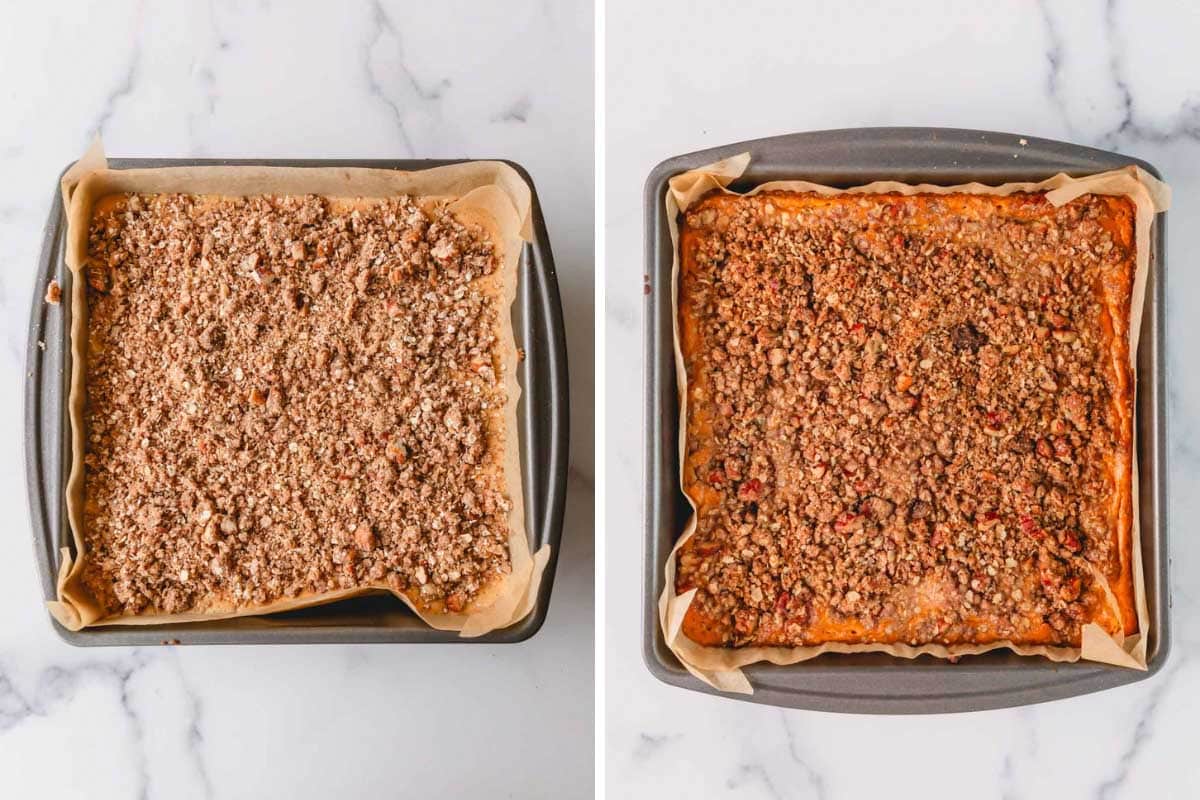 An unbaked pan of pumpkin streusel bars and a baked pan of pumpkin streusel bars.