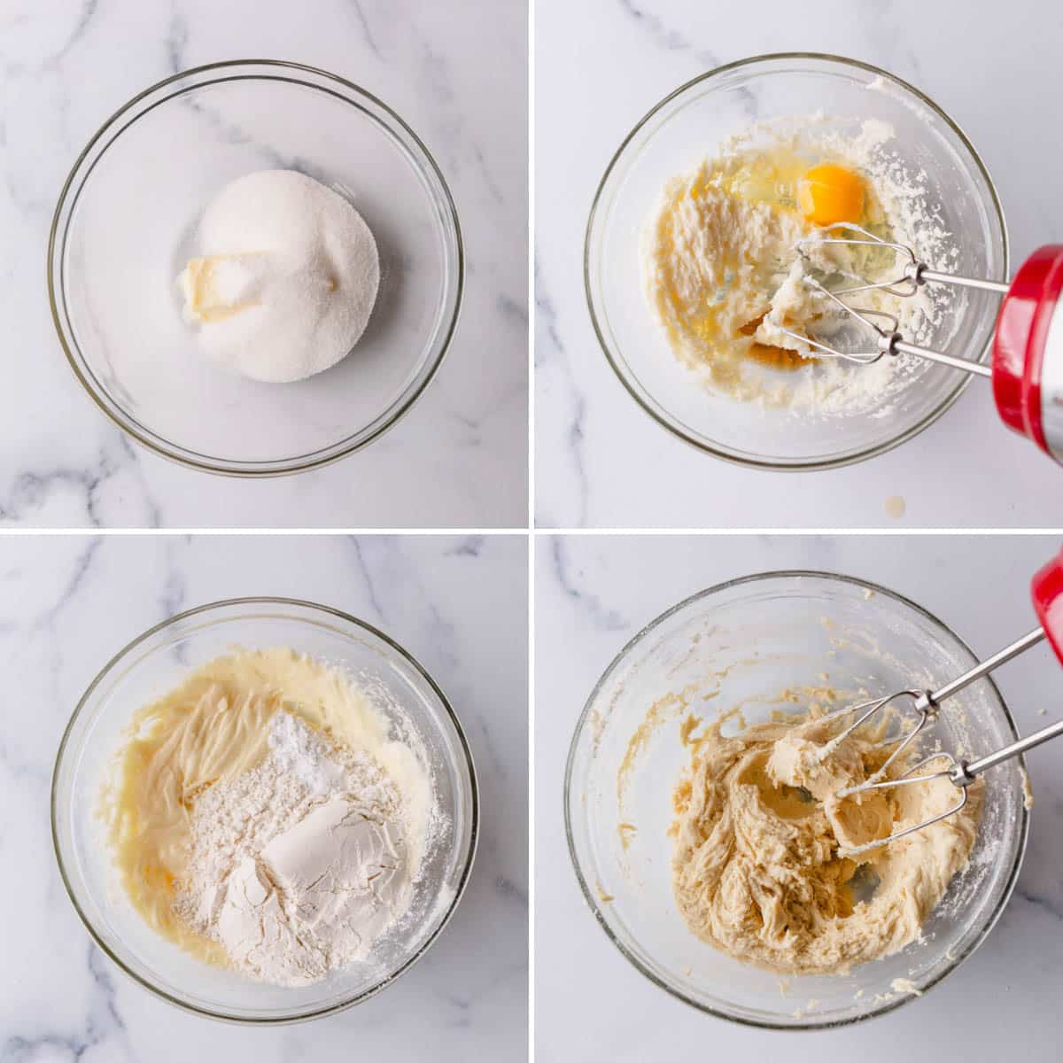Four images showing the process of creaming ingredients for crust.