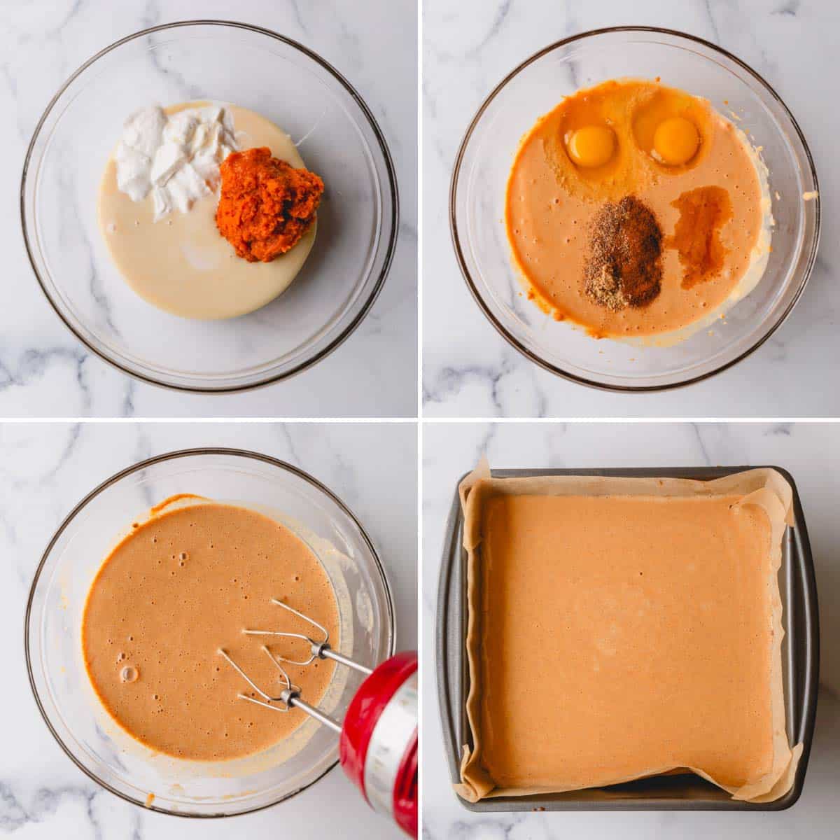 The process of combining the ingredients for pumpkin streusel bar filling and transferring it to a pan.