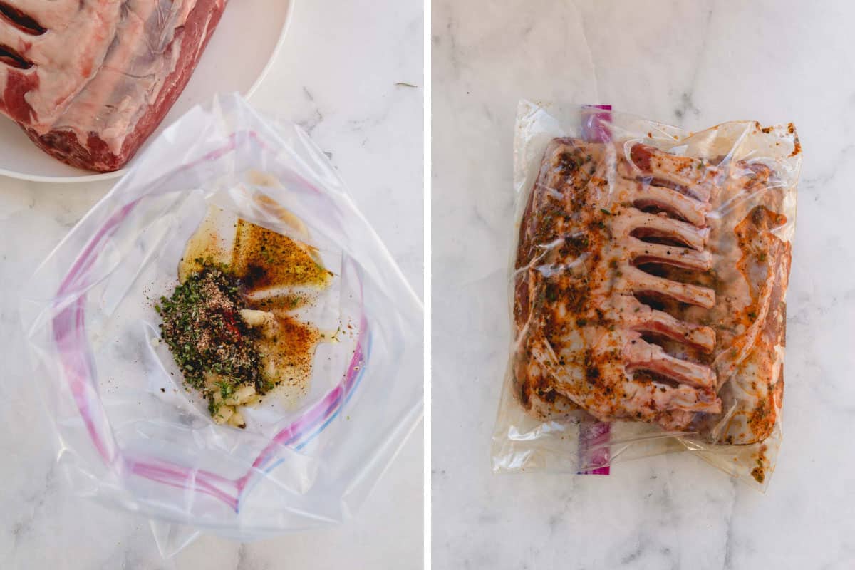 Side by side images of marinating the lamb.