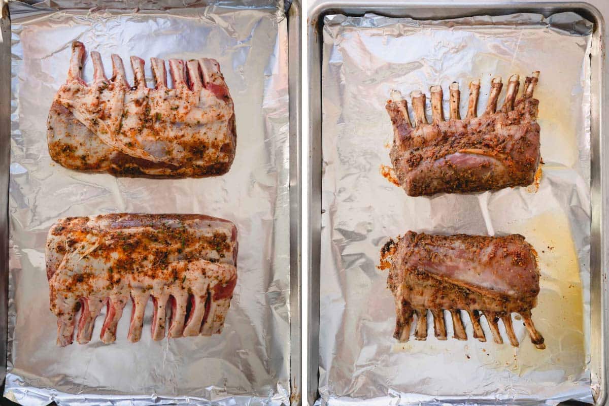 Side by side images of raw and roasted rack of lamb on a baking sheet.