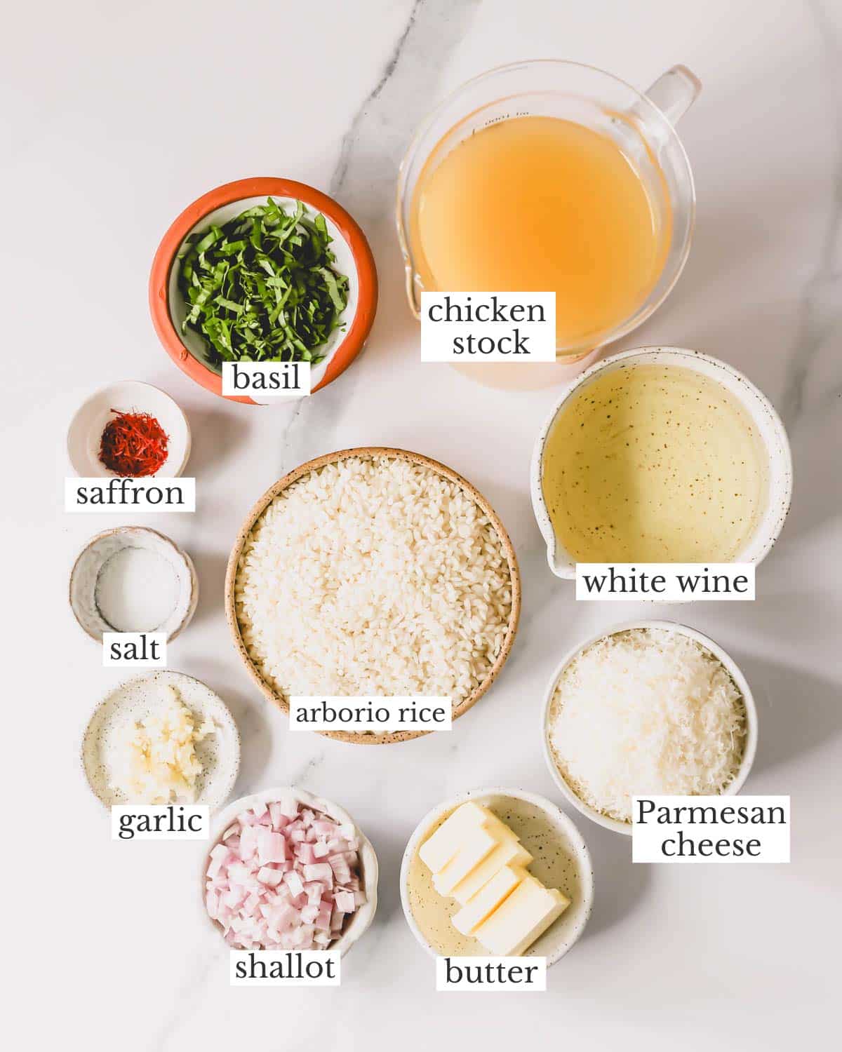 Ingredients needed to make saffron risotto.