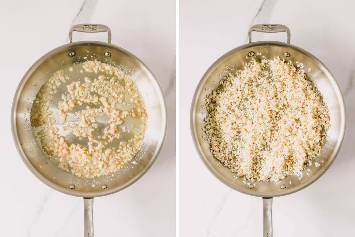 Garlic sautéing in broth and butter in a pan on the left, and risotto in the pan with the garlic on the right.