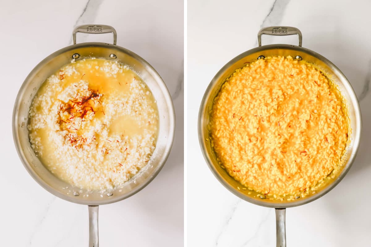 Uncooked saffron risotto in a pan on the left and cooked yellow saffron risotto in the pan on the right.