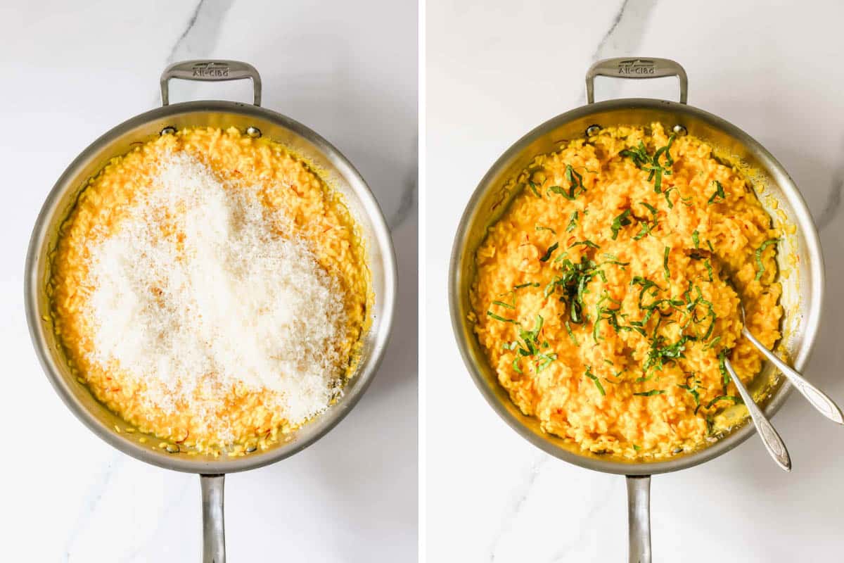 Parmesan cheese on top of saffron risotto in a pan, and saffron risotto topped with herbs and serving spoons on the right.