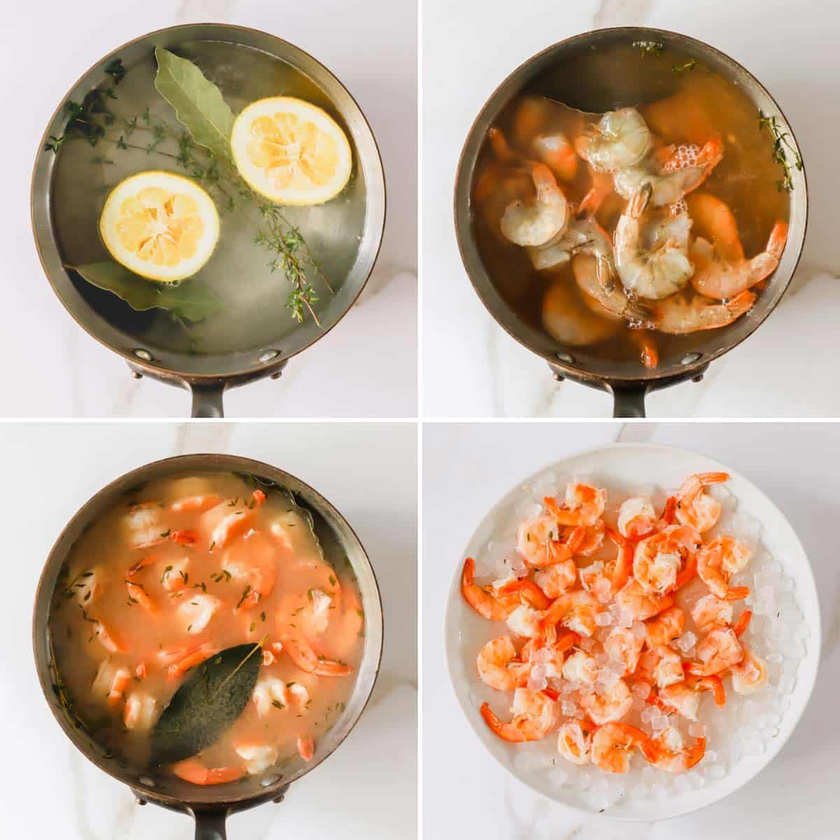 Four images showing the process of steaming shrimp for shrimp cocktail.
