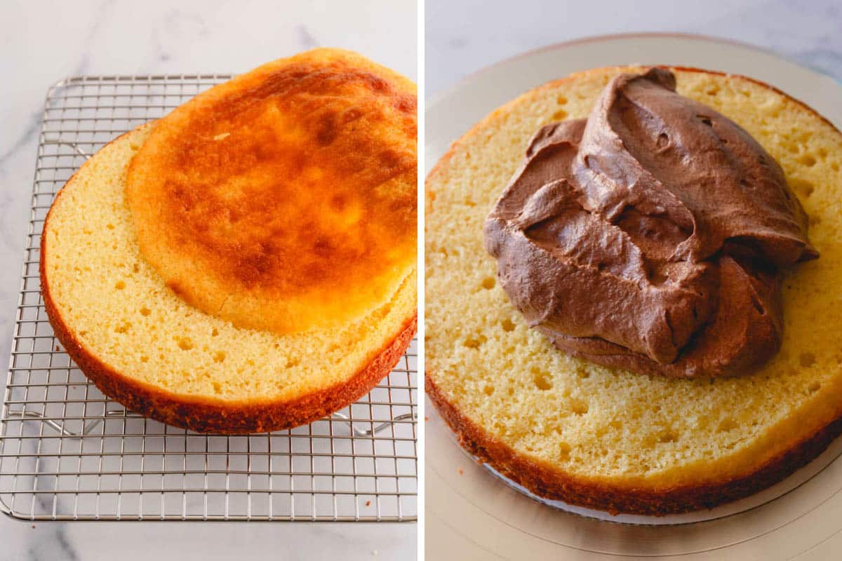 Two images showing a yellow cake being leveled and topped with chocolate mousse frosting.