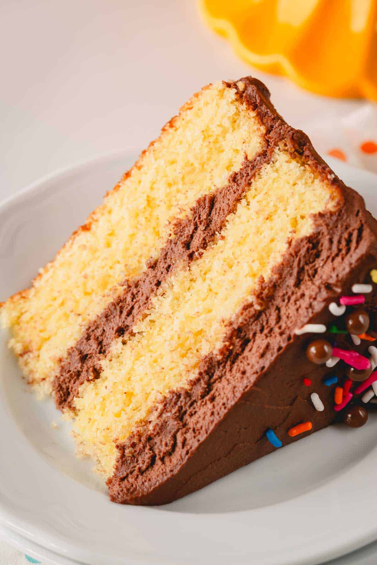 A piece of a two layer yellow cake with chocolate mousse frosting.