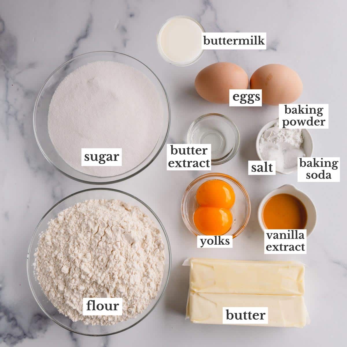 Ingredients needed to make classic yellow cake.