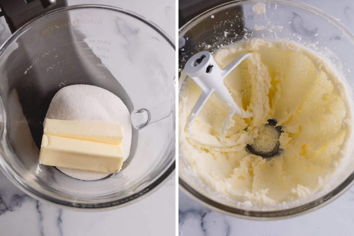 The process of creaming butter and sugar with a stand mixer.