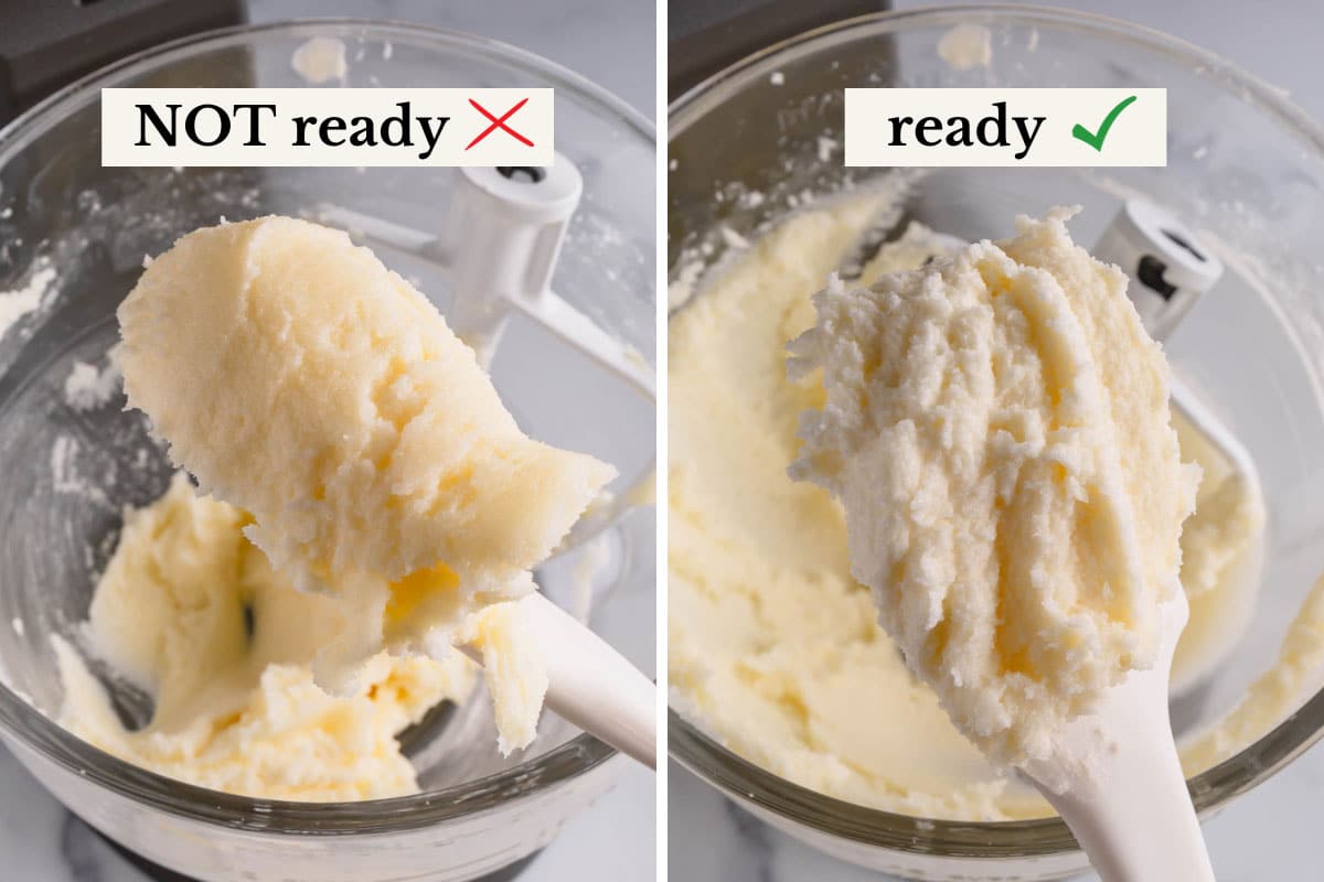 Two images showing when creamed butter isn't and is ready to use.