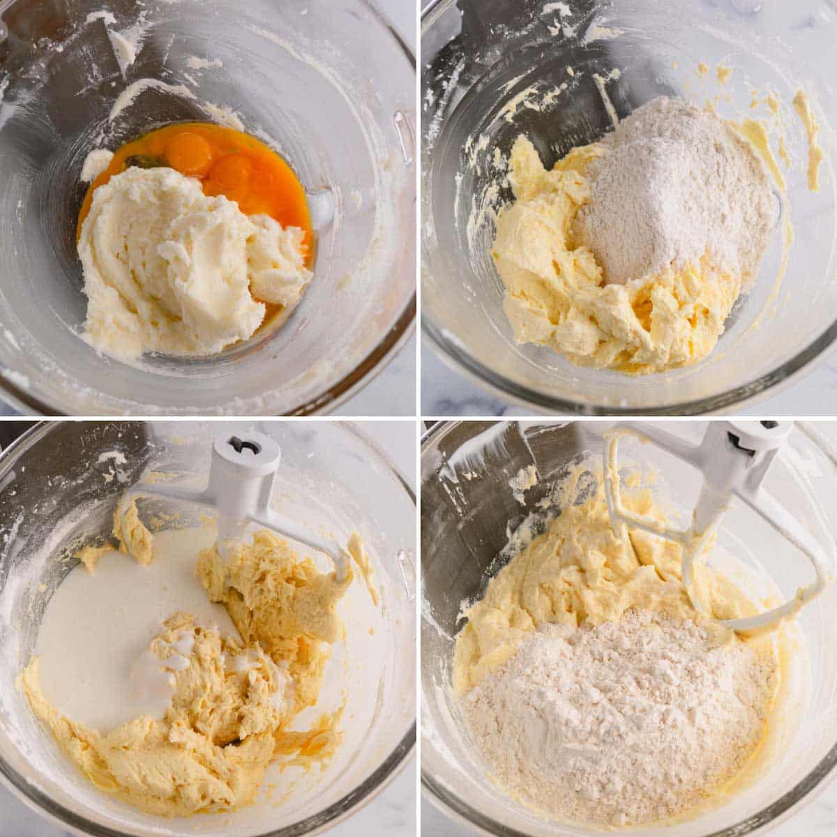 Four images showing the process of blending yellow cake batter in a stand mixer.