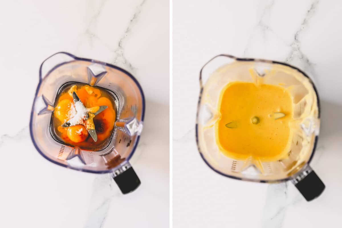 Two images showing the process of making a blender hollandaise sauce.