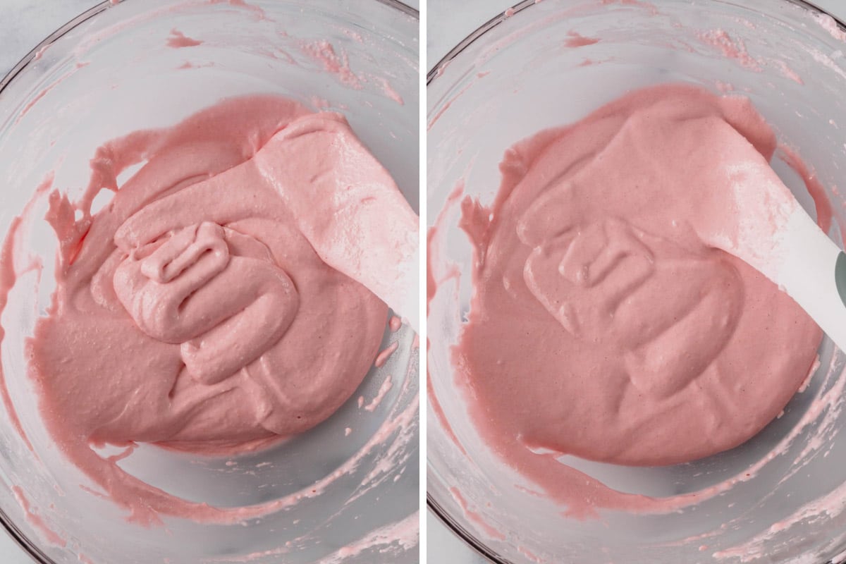 Pink macaron batter in a bowl.