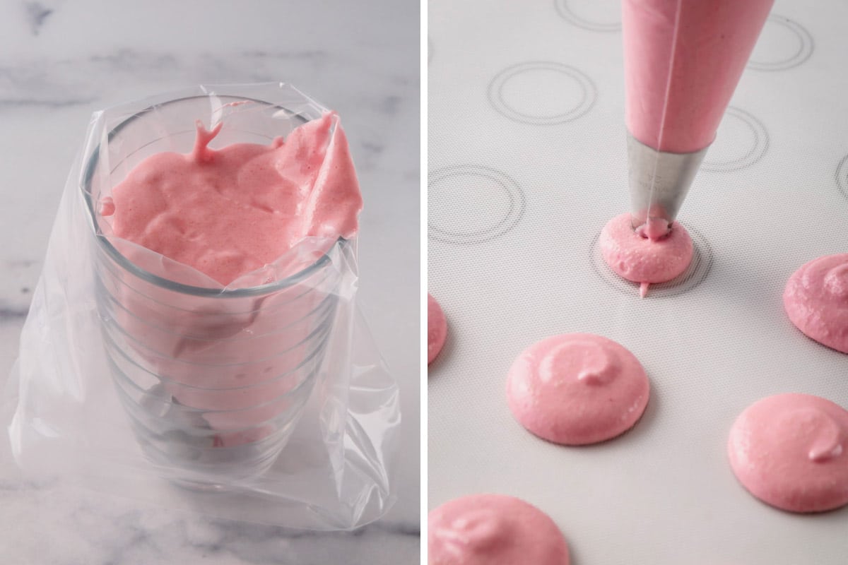 Side by side images of macaron batter in a piping bag set in a glass and macaron is being piped on a baking sheet lined with teflon.