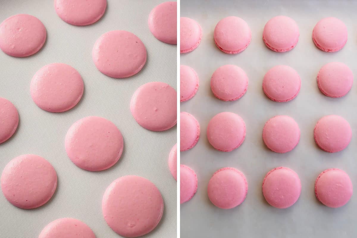2 images of macarons shells before and after baking.