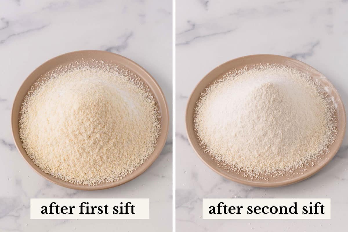 Side by side images of sifted almond flour and powdered sugar mixture after 1st and 2nd sift.