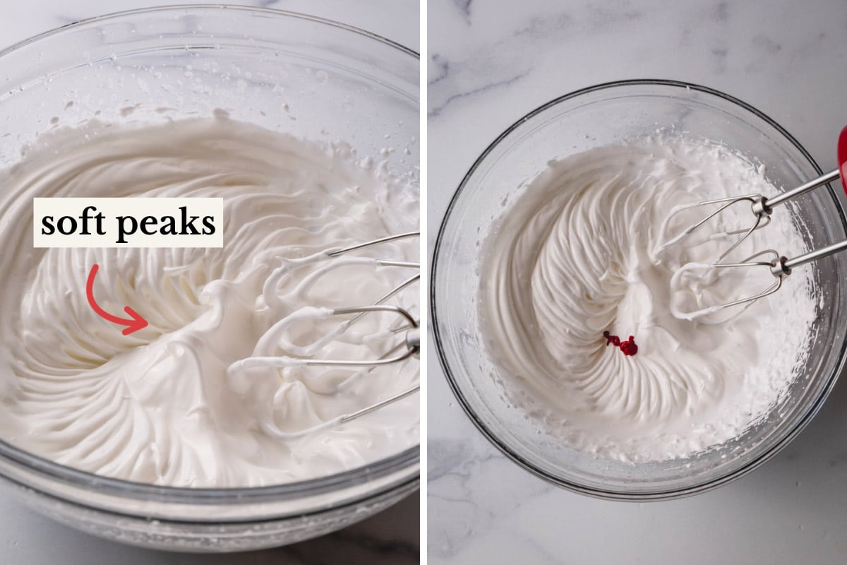 Side by side images of whipped soft peak meringue with a drop of food coloring.