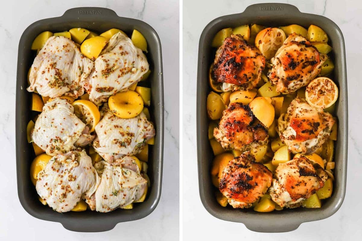 Two images showing a dish of Greek lemon chicken and potatoes unbaked and baked.
