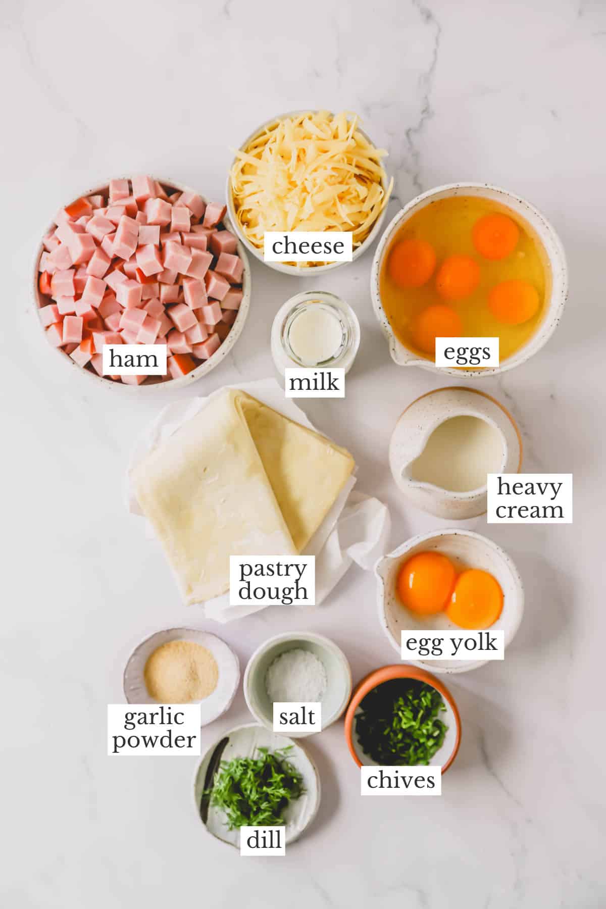 Ingredients to make ham and cheese quiche.