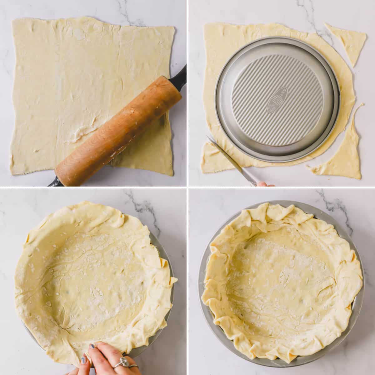Puff pastry dough being rolled out and fitted to a pie dish.