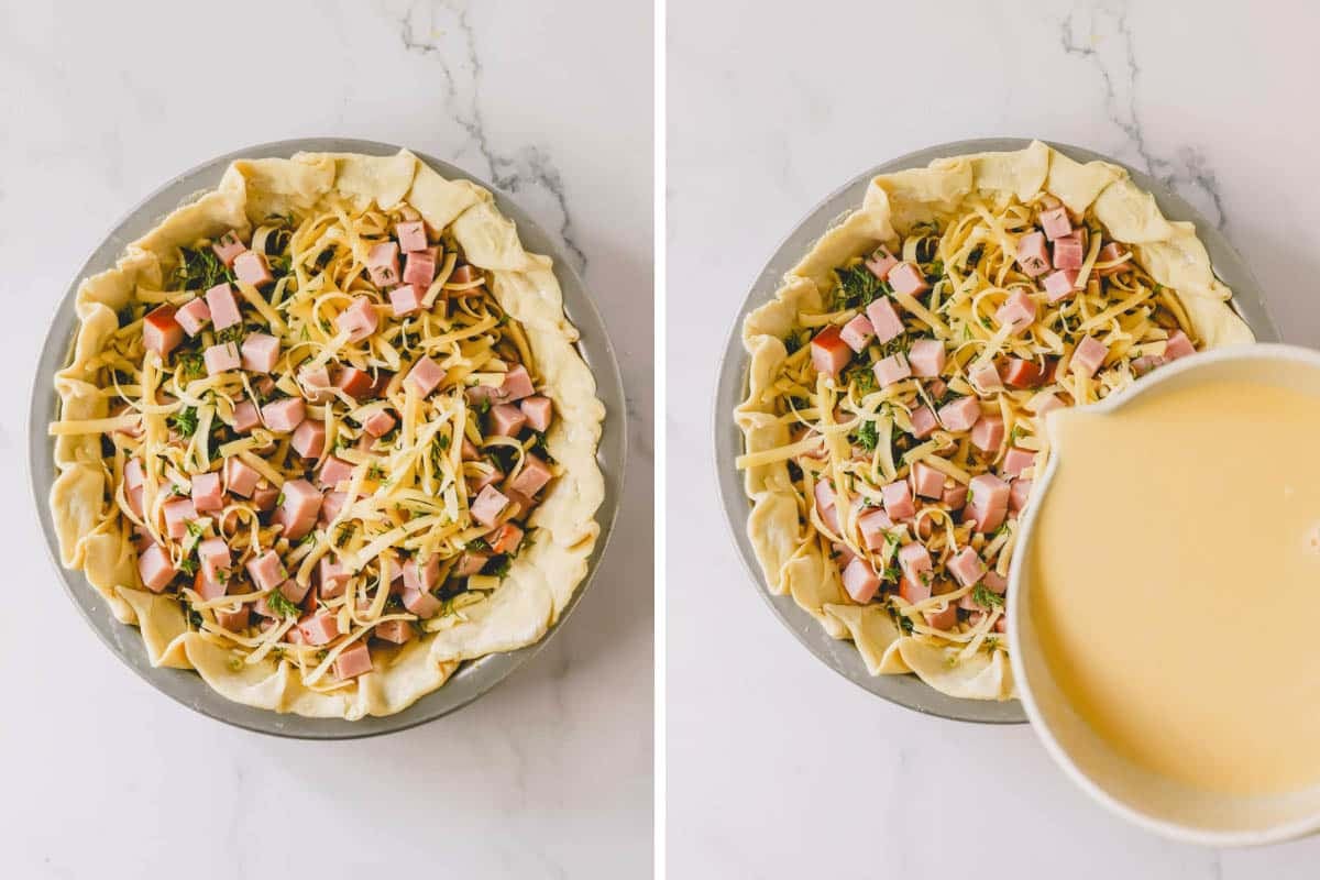 The filling of a ham and cheese quiche being assembled.