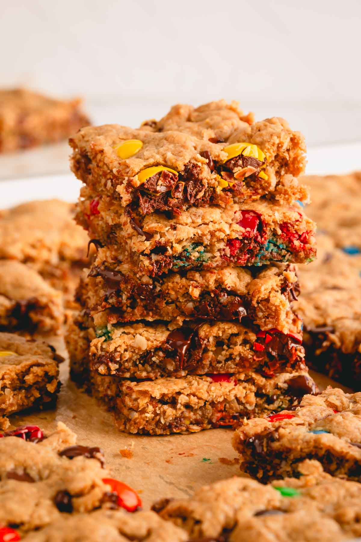 A stack of five monster cookie bars.