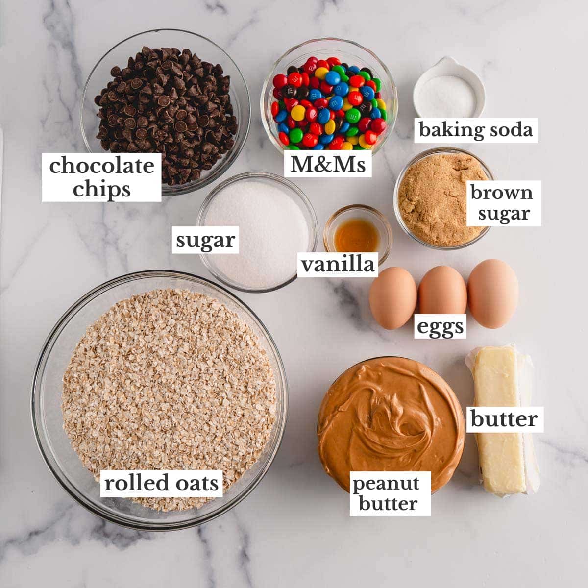 Ingredients needed to make monster cookie bars.