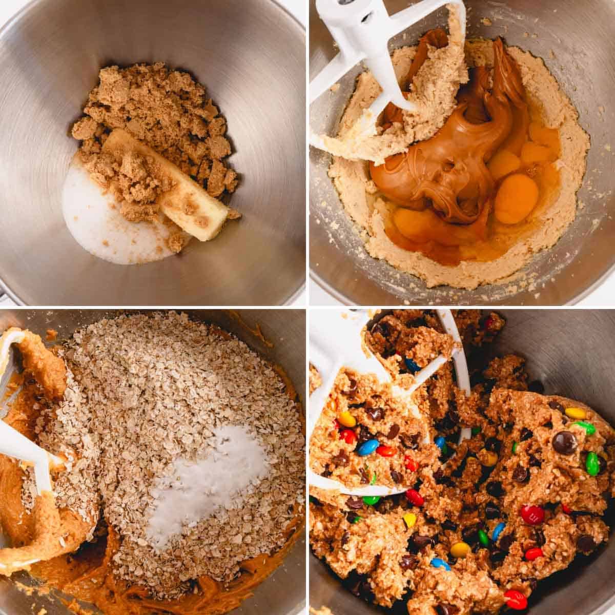 Four images showing the process of combining ingredients to make monster cookie bar dough.