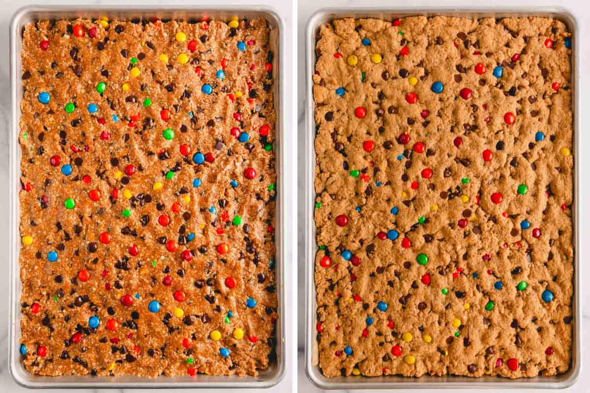 Two images showing unbaked and baked monster cookie bars in a pan.