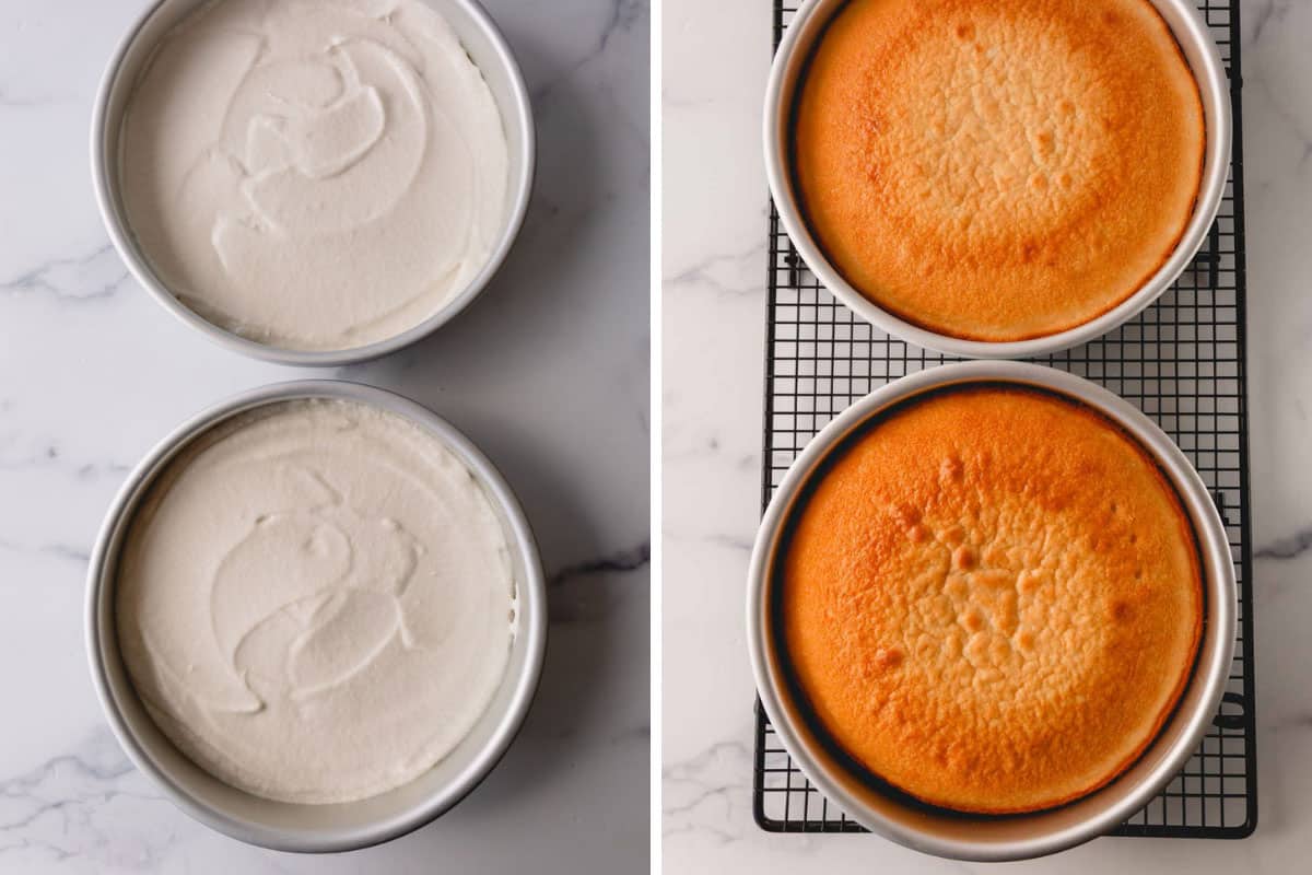 Two white cakes unbaked and baked.