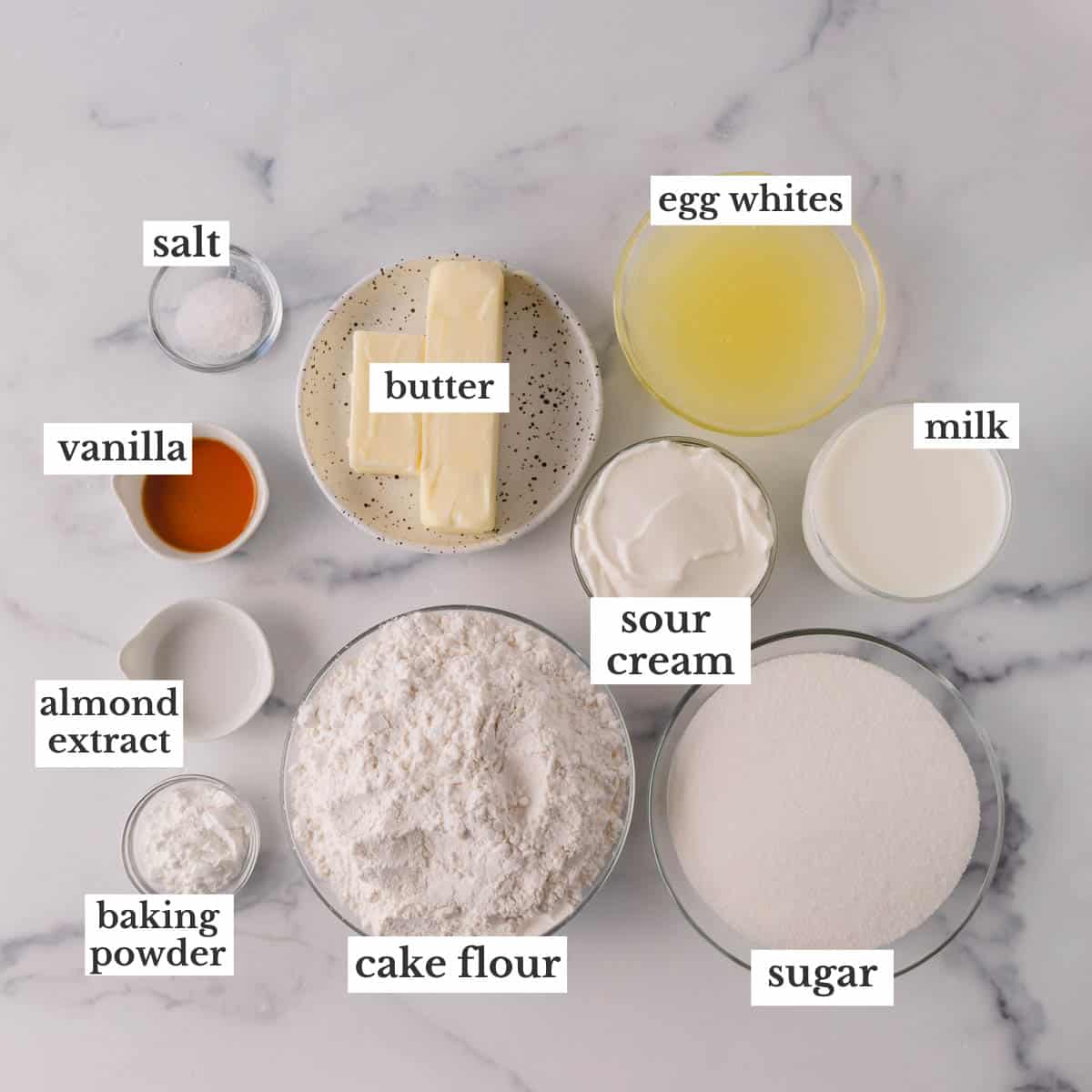 Ingredients needed to make classic white cake.