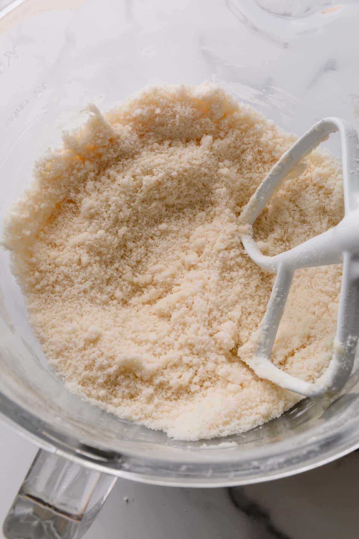 Dry ingredients for white cake mixed in a bowl.
