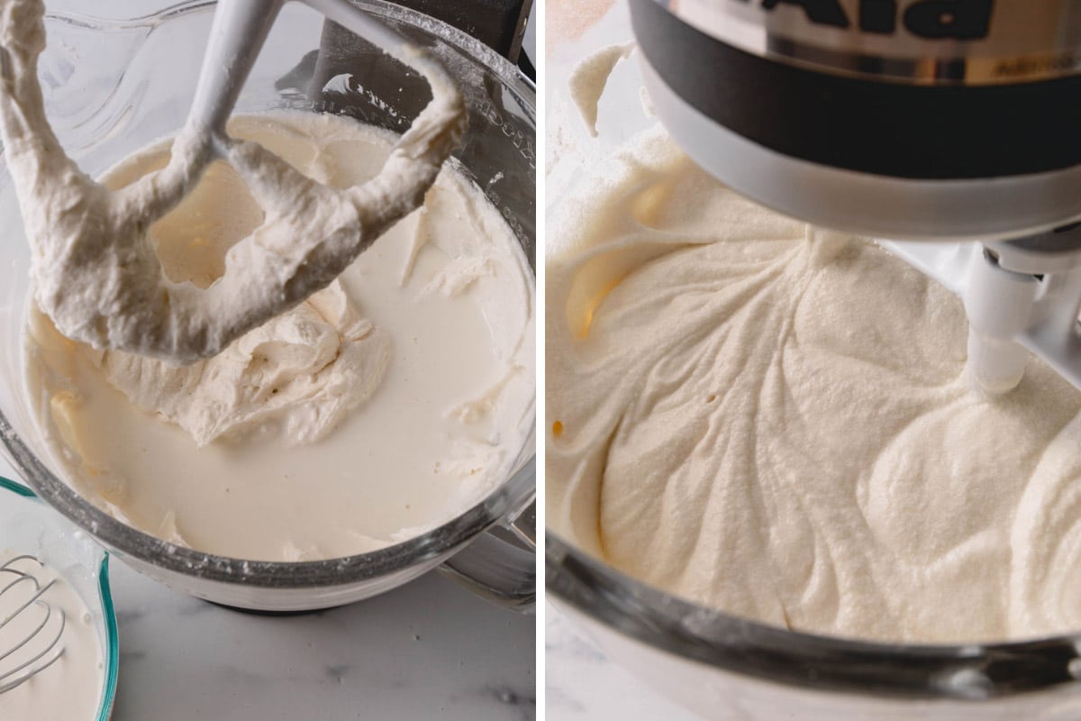 White cake batter being mixed with a paddle attachment.
